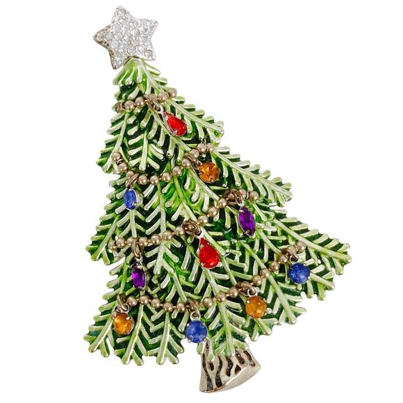 Signed Avon 2008 5th Annual Christmas Tree Brooch Green Enamel Rhinestones - Picture 1 of 11